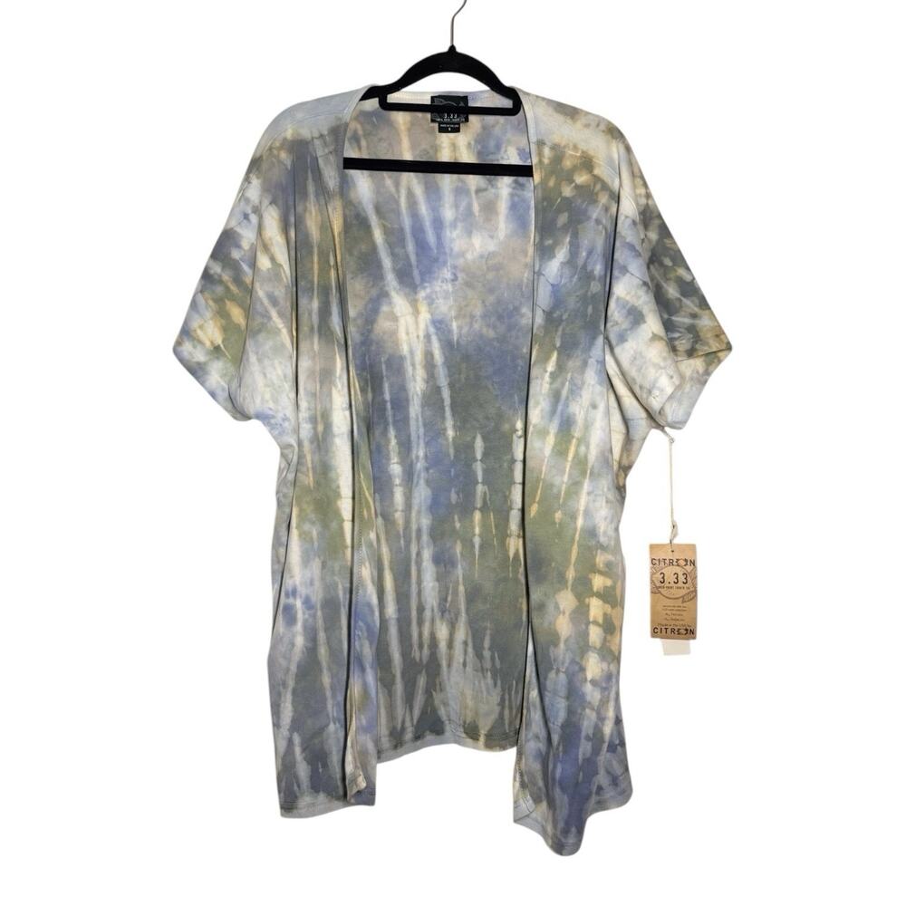 Citron 3.33 New Blue Gray Green Tie Dye Cotton Short Sleeve Kimono Top Small